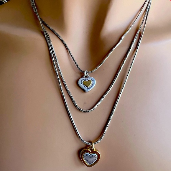 BRIGHTON RENDEZVOUS HEART Silver Gold 2 Tones TRIPLE Chains  NECKLACE - Picture 4 of 7